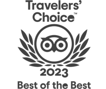 The image shows a badge with "Travelers' Choice 2023 Best of the Best" and a laurel wreath encircling an owl logo.