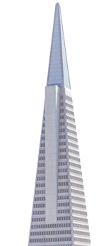 The image shows a tall, pyramid-shaped skyscraper with horizontal lines running up its sides and a pointed top, commonly associated with modern architecture.