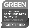 The image shows a logo that reads "California Green Business Network SAN FRANCISCO CERTIFIED" indicating environmental certification. logo on footer section.