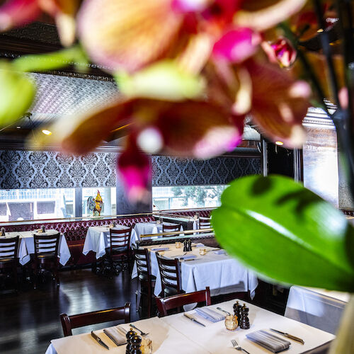 A restaurant interior with empty tables and chairs, featuring white tablecloths, set with cutlery; blurred flowers in the foreground.