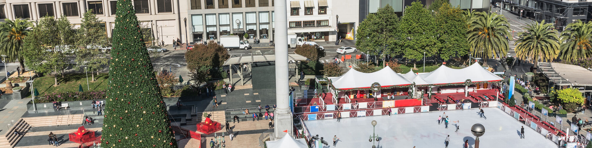 A city square with a large Christmas tree and an ice skating rink surrounded by buildings and palm trees.