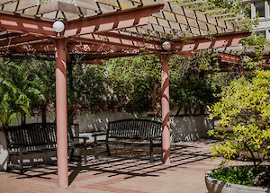 The image shows a sunny outdoor area with pergolas, benches, and greenery creating a peaceful spot for relaxation or conversation.
