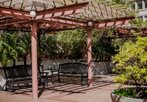 The image shows a sunny outdoor area with pergolas, benches, and greenery creating a peaceful spot for relaxation or conversation.