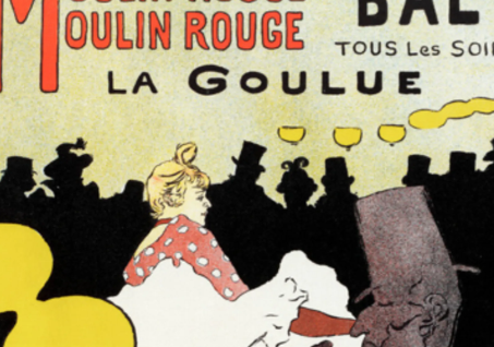 This image is a vintage poster for Moulin Rouge featuring a dancer, titled "La Goulue," with a crowd in the background.