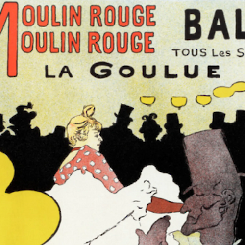This image is a vintage poster for Moulin Rouge featuring a dancer, titled "La Goulue," with a crowd in the background.