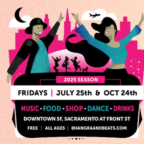 Poster for a 2025 event with music, food, shopping, dance, and drinks in Downtown SF. It's on Fridays, July 25th and October 24th.
