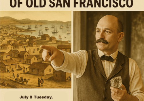 Promotional image for a "Cocktail History Tour of Old San Francisco" with Camper English, featuring a historic scene and a presenter.