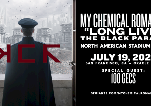 A concert poster for My Chemical Romance's North American tour on July 19, 2025, featuring 100 Gecs as special guests.