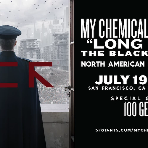 A concert poster for My Chemical Romance's North American tour on July 19, 2025, featuring 100 Gecs as special guests.