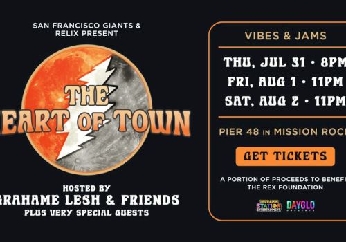 Event poster for "The Heart of Town" hosted by Grahame Lesh & Friends, at Pier 48, featuring music from July 31 to August 2.