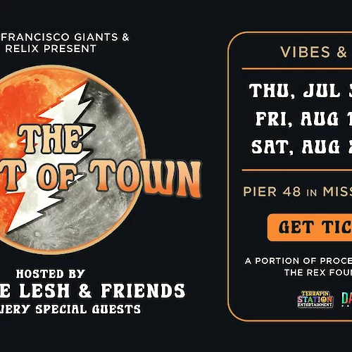 Event poster for "The Heart of Town" hosted by Grahame Lesh & Friends, at Pier 48, featuring music from July 31 to August 2.