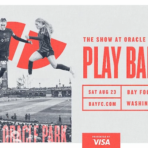 A promotional image for a soccer match at Oracle Park, featuring Bay Football Club vs. Washington Spirit on Sat Aug 23.