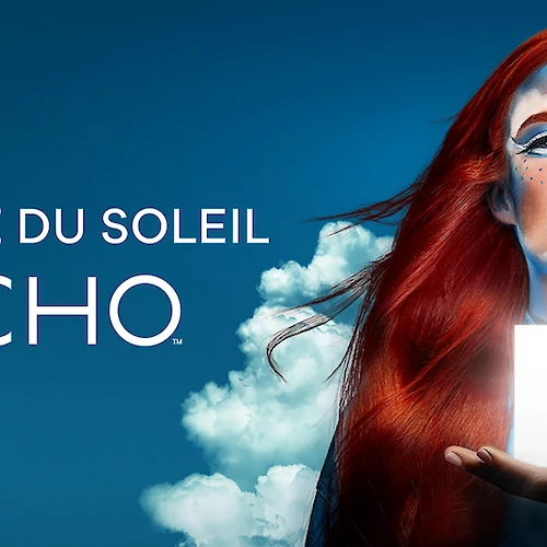 The image shows Cirque du Soleil's "Echo" with a person holding a glowing cube, surrounded by clouds.