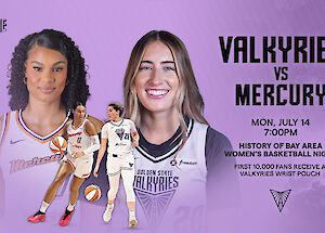 Basketball game poster for Valkyries vs Mercury on Monday, July 14, 7:00 PM. First 10,000 fans get a Valkyries wrist pouch.