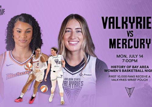 Basketball game poster for Valkyries vs Mercury on Monday, July 14, 7:00 PM. First 10,000 fans get a Valkyries wrist pouch.