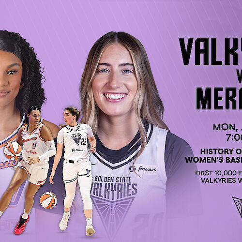 Basketball game poster for Valkyries vs Mercury on Monday, July 14, 7:00 PM. First 10,000 fans get a Valkyries wrist pouch.