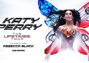 Promotional poster for Katy Perry's "The Lifetimes Tour" with special guest Rebecca Black, presented by Live Nation.