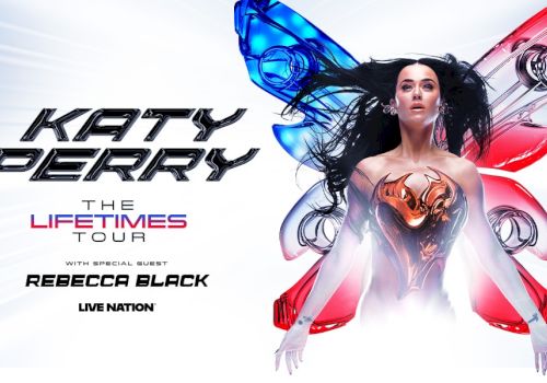 Promotional poster for Katy Perry's "The Lifetimes Tour" with special guest Rebecca Black, presented by Live Nation.