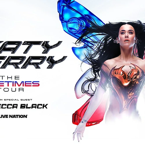 Promotional poster for Katy Perry's "The Lifetimes Tour" with special guest Rebecca Black, presented by Live Nation.