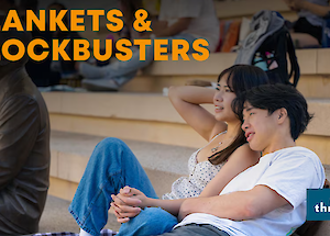 A couple is relaxing on outdoor steps under the text "Blankets & Blockbusters," with a "thrive city" logo in the corner.