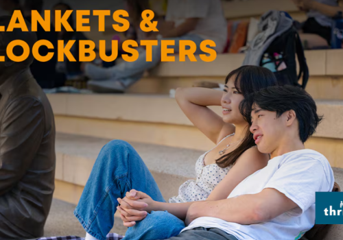A couple is relaxing on outdoor steps under the text "Blankets & Blockbusters," with a "thrive city" logo in the corner.