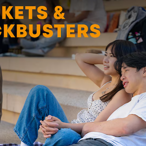A couple is relaxing on outdoor steps under the text "Blankets & Blockbusters," with a "thrive city" logo in the corner.