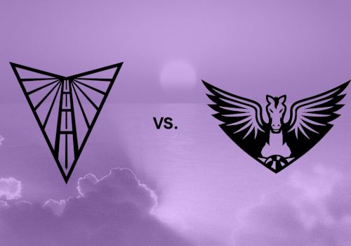 The image shows two logos: one is a triangular design, and the other depicts a winged horse. A "vs." is written between them.