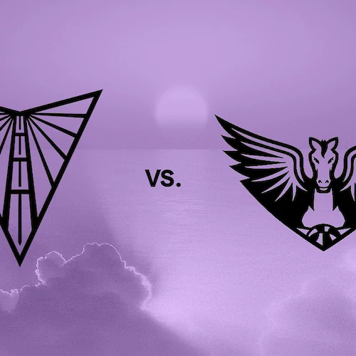 The image shows two logos: one is a triangular design, and the other depicts a winged horse. A "vs." is written between them.