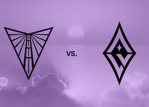 Two geometric logos face off with a "vs." between them, set against a purple sky with clouds and a setting sun.