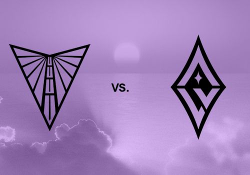 Two geometric logos face off with a "vs." between them, set against a purple sky with clouds and a setting sun.