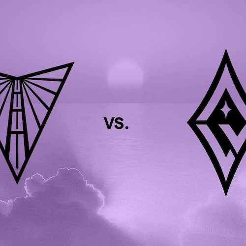 Two geometric logos face off with a "vs." between them, set against a purple sky with clouds and a setting sun.