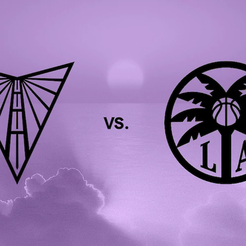 The image shows two logos: one with a pyramid shape and lines, and the other with palm trees and a basketball, labeled "vs." on a purple background.