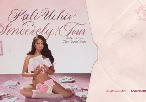 The image is a poster for "Kali Uchis The Sincerely, Tour" featuring Thee Sacred Souls, with a woman surrounded by letters.