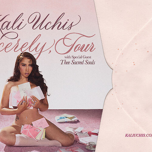 The image is a poster for "Kali Uchis The Sincerely, Tour" featuring Thee Sacred Souls, with a woman surrounded by letters.