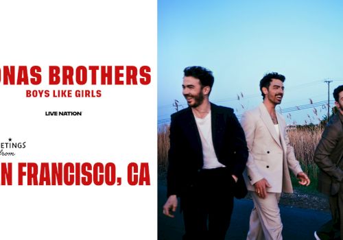 An image promoting a concert with Jonas Brothers and Boys Like Girls, featuring the text "Greetings from San Francisco, CA" at the end.
