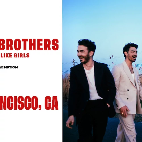 An image promoting a concert with Jonas Brothers and Boys Like Girls, featuring the text "Greetings from San Francisco, CA" at the end.
