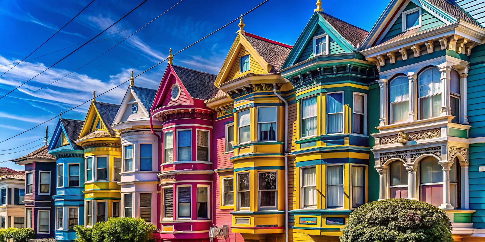 A row of colorful, ornate Victorian-style houses under a clear blue sky, showcasing vibrant architectural details.