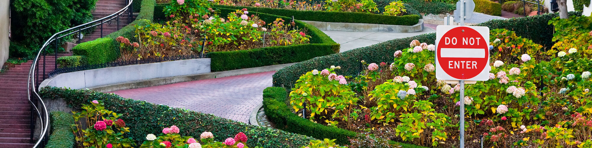 A winding, flower-lined street with hedges and a "Do Not Enter" sign in a city landscape, likely famous for its zigzag pattern.