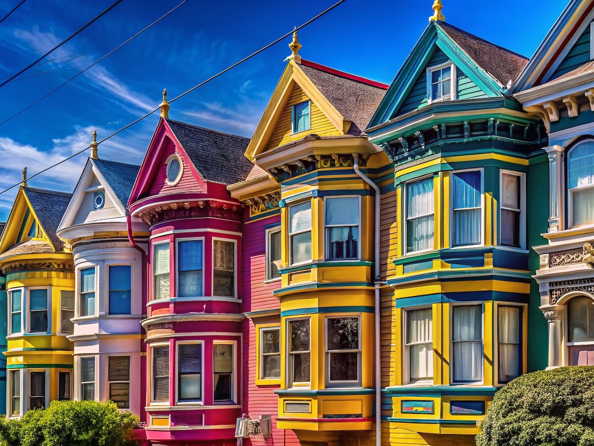 A row of colorful Victorian houses with vibrant façades and intricate details under a bright blue sky.