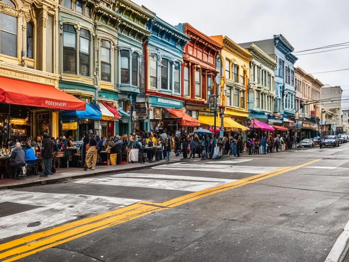 Colorful buildings line a bustling street with people dining under red awnings, creating a vibrant urban scene filled with activity.