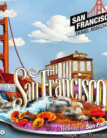 A colorful San Francisco-themed postcard with landmarks, flowers, and the bold &ldquo;San Francisco&rdquo; text, plus travel branding. End.