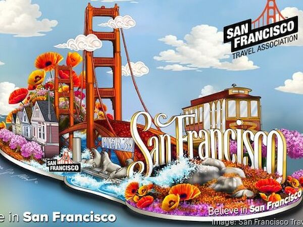 A colorful San Francisco postcard collage featuring iconic landmarks like the Golden Gate Bridge and a tram, with flowers and the words &ldquo;San Francisco.&rdquo;