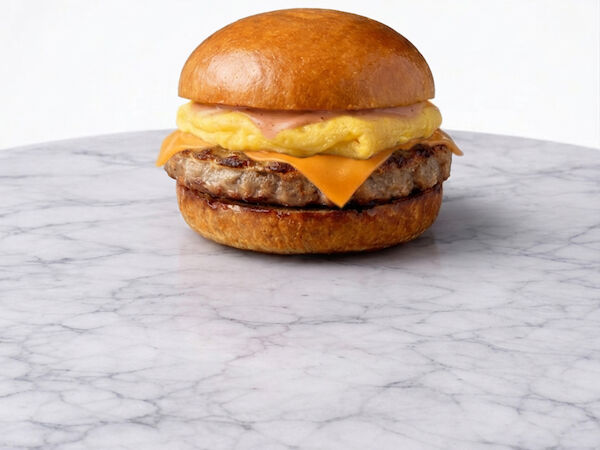 A small cheeseburger with a beef patty and cheese on a marble surface against a plain white background.
